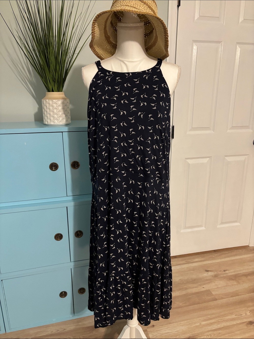 LOFT Navy Maxi Dress with Cream Bird Print